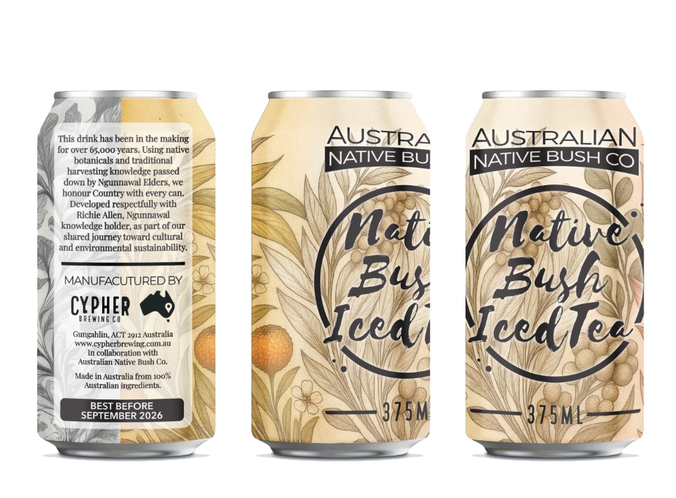 Native Bush Iced Tea - 375ml can showing front and back labels with native botanical artwork